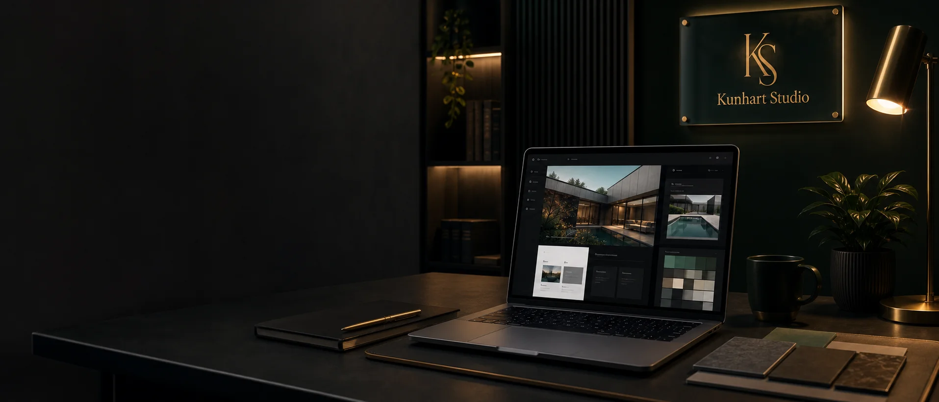Gestaltete Studioszene mit Laptop und Website-Entwurf